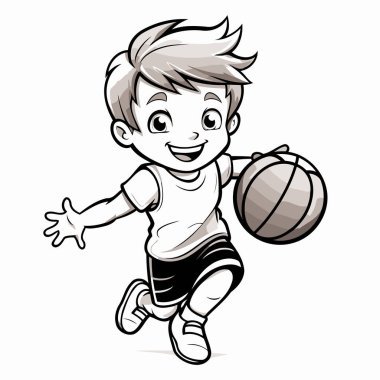Basketbol oynayan çocuk beyaz bir arka planda izole edilmiş. Çizgi film tarzında vektör illüstrasyonu.