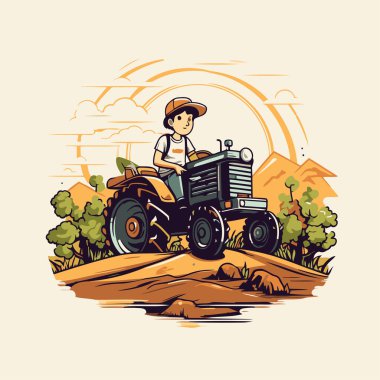 Traktör sahada. Traktördeki çiftçi. Vektör illüstrasyonu.