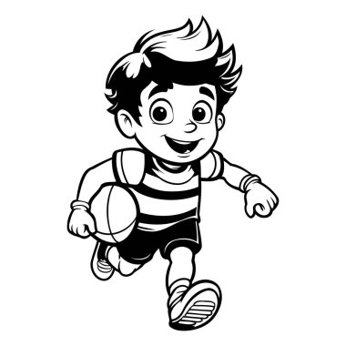 Basketbol oynayan şirin bir çocuk. Siyah ve beyaz vektör çizimi.