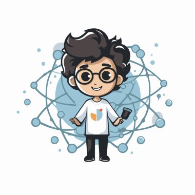 Elinde cep telefonu olan çizgi film çocuğu. Vektör illüstrasyonu.