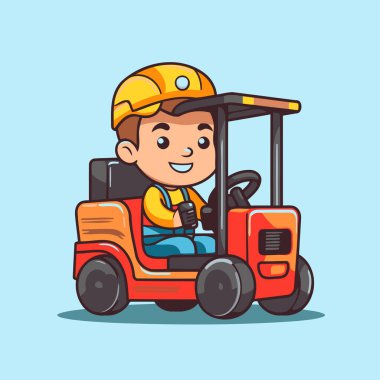 Forklift çocuğu. Sevimli çizgi film karakteri. Vektör illüstrasyonu.