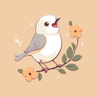 Çiçekli bir dalın üzerindeki küçük sevimli bir kuşun vektör çizimi.