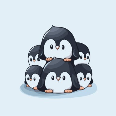 Mavi arka planda sevimli penguen ailesi. Vektör illüstrasyonu.