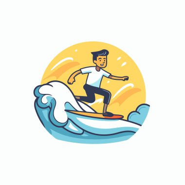 Sörf tahtasındaki sörfçü. Düz bir şekilde vektör illüstrasyonu