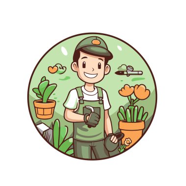 Çizgi film bahçıvanı karakteri. Bir bahçıvanın vektör illüstrasyonu.