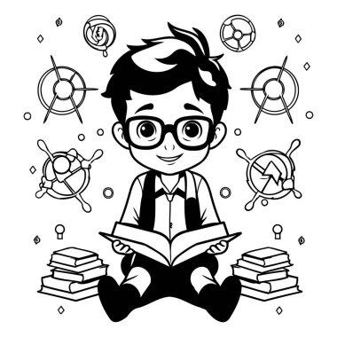 Kitap okuyan gözlüklü bir çocuğun vektör çizimi. Çizgi film karakteri.