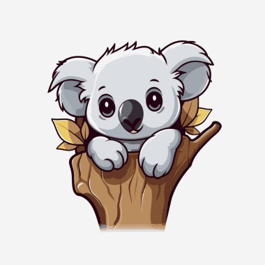 Ağaç gövdesindeki sevimli koala. Vektör çizgi film illüstrasyonu.