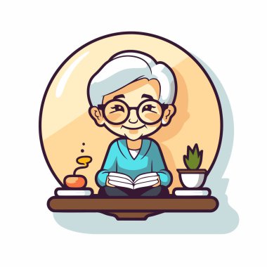 Cam kürede kitap okuyan yaşlı bir kadın. Vektör illüstrasyonu.