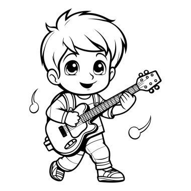 Gitar çalan sevimli bir çocuğun tasviri - Boyama kitabı