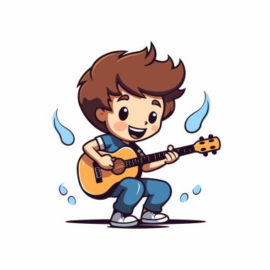 Çizgi filmci çocuk gitar çalıyor. Vektör çizimi. Beyaz arkaplanda izole.