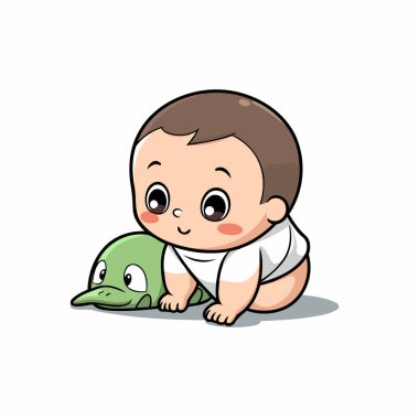 Tatlı erkek bebek sürünüyor ve kaplumbağayla oynuyor. Vektör illüstrasyonu.
