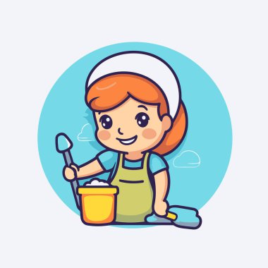 Mutfakta yemek pişiren tatlı küçük kız. Vektör çizimi. düz dizayn