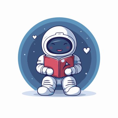 Elinde kitap olan sevimli bir astronot çizgi romanı. Vektör illüstrasyonu.