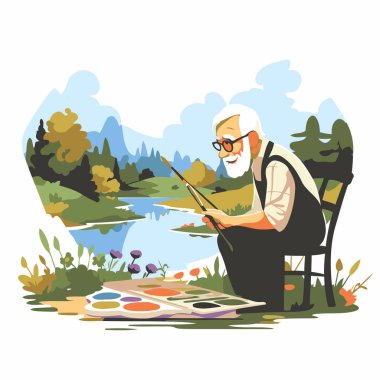Yaşlı bir adam göle resim çiziyor. Düz vektör illüstrasyonu.