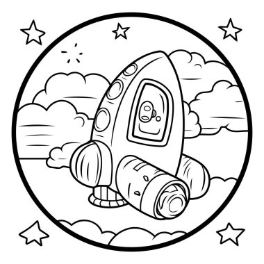 Çocuklar için boyama kitabı: gökyüzünde bulutlu uzay roketi