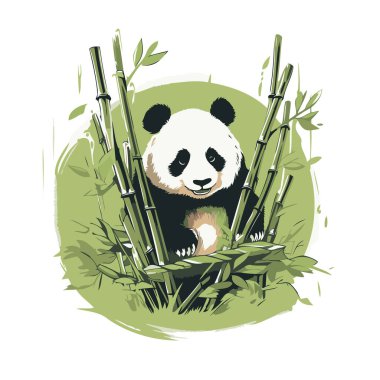Bambu ormanındaki sevimli panda. El çizimi vektör illüstrasyonu.