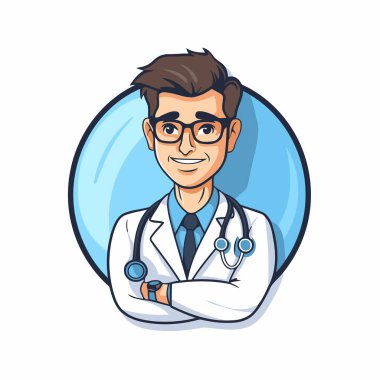 Stetoskop ve gözlüklü bir erkek doktorun vektör çizimi.