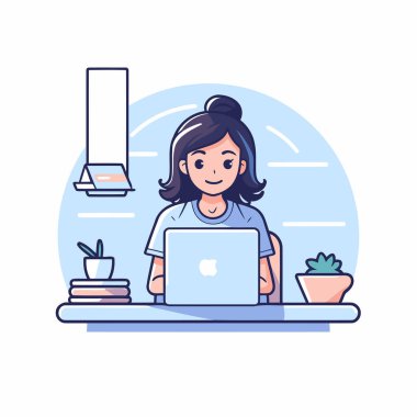 Evde dizüstü bilgisayarla çalışan bir kız. Düz bir şekilde vektör illüstrasyonu.