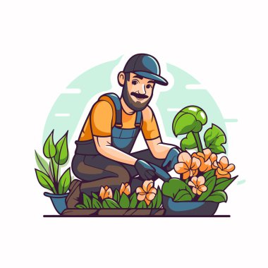 Bahçıvan bitkilerle çalışıyor. Çizgi film tarzında vektör illüstrasyonu.