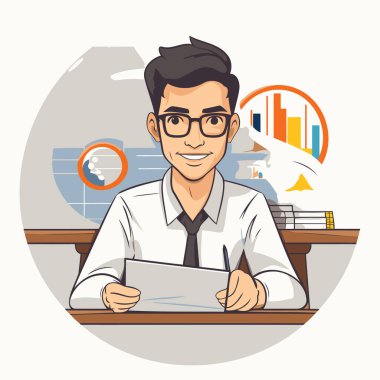 Ofiste masada oturan bir iş adamı. Çizgi film tarzında vektör illüstrasyonu.