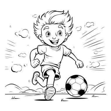 Sahada futbol oynayan bir çocuk. Vektör çizimi. Çocuklar için boyama kitabı.
