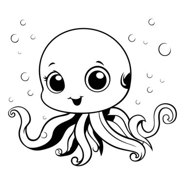 Sevimli çizgi film ahtapotu. Boyama kitabı için siyah ve beyaz vektör çizimi.
