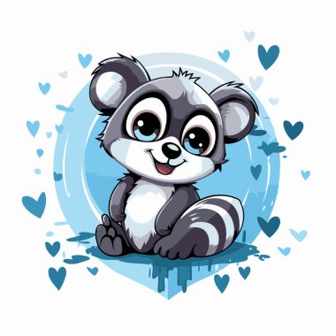 Mavi kalp geçmişi olan sevimli bir rakun çizgi filmi. Vektör illüstrasyonu.