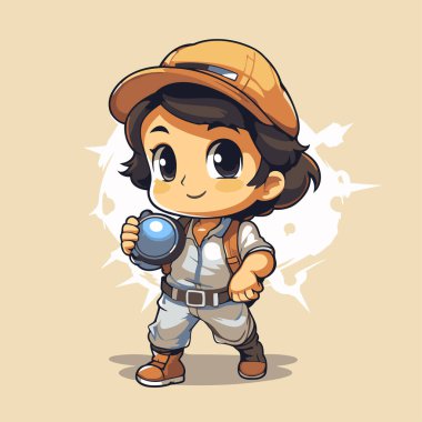 Kameralı safari şapkalı sevimli çocuk. Vektör illüstrasyonu.