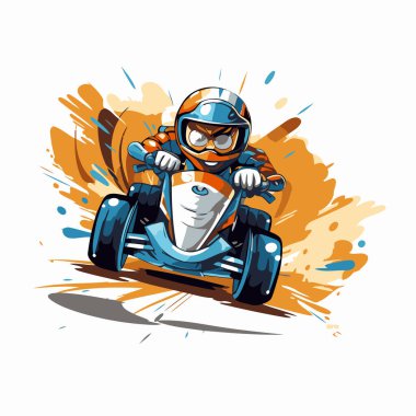 Yarış pistinde karting yapan bir karikatür sürücüsü. Vektör illüstrasyonu