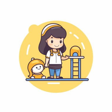 Parkta oyuncak bebeğiyle oynayan küçük tatlı bir kızın vektör çizimi.