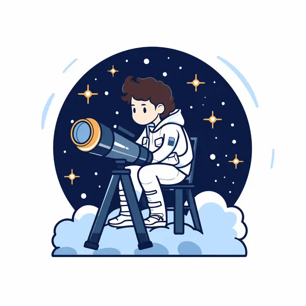 Astronauta Seduto Una Sedia Guardando Attraverso Telescopio Illustrazione Vettoriale — Vettoriale Stock