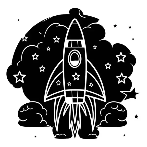 Rocket Sky Black White Vector Illustration Coloring Book — Stock Vector