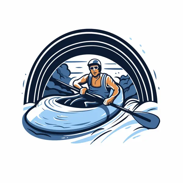 Homme Pagayant Kayak Sur Rivière Illustration Vectorielle — Image vectorielle