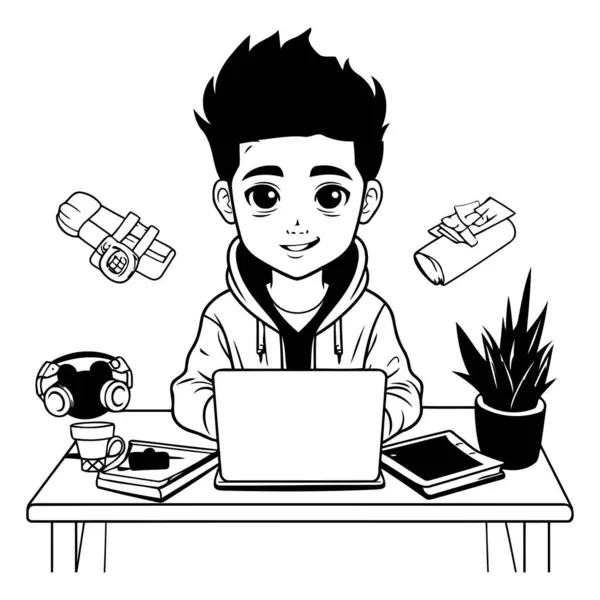 Teenager Junge Mit Laptop Und Technologie Elemente Cartoon Vektor Illustration — Stockvektor