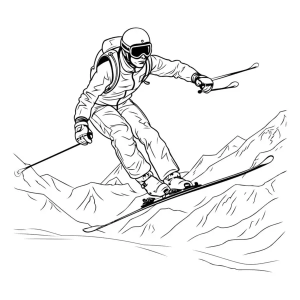 Skifahrer Beim Skifahren Den Bergen Skizze Vektorgrafik Monochrome Illustration — Stockvektor