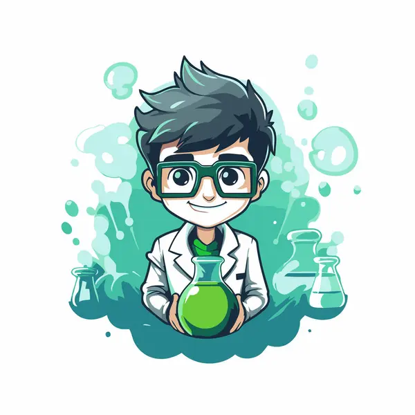 Scientist Boy Cartoon Character Vector Illustration Scientist Boy Holding Flask — Stock Vector