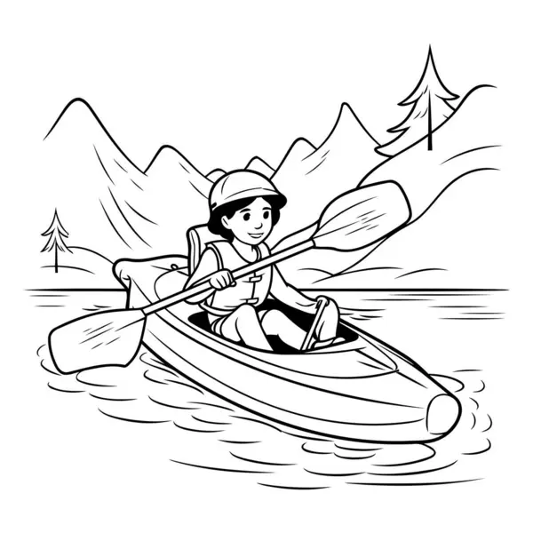 一个女人在湖上划皮划艇的图片 — 图库矢量图片