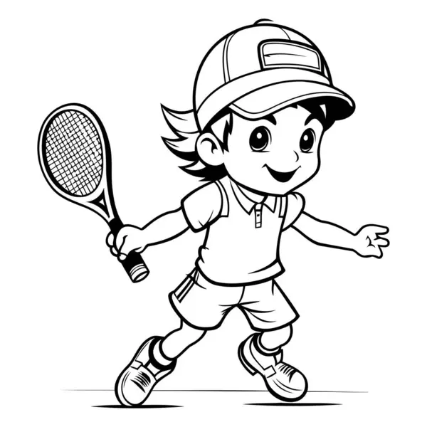 Dibujos Animados Ilustración Niño Jugando Tenis Libro Para Colorear Para — Archivo Imágenes Vectoriales