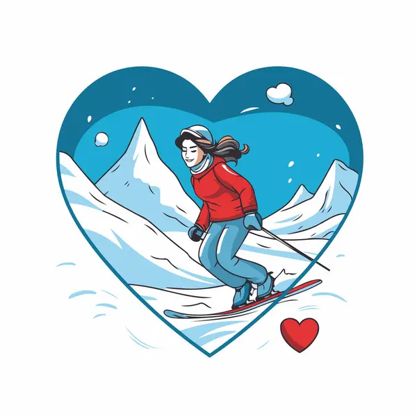 Ilustração Vetorial Uma Menina Esquiadora Esquiando Nas Montanhas Forma Coração — Vetor de Stock