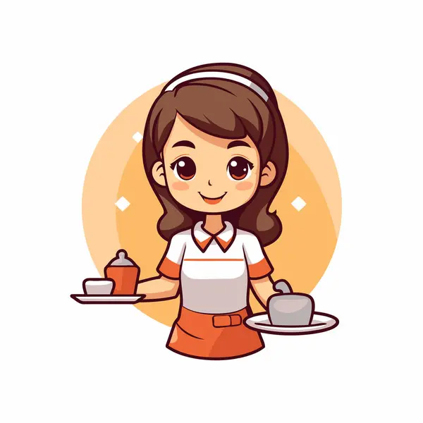 Cute Little Waitress Holding Tray Food Vector Flat Cartoon Illustration — Stock Vector