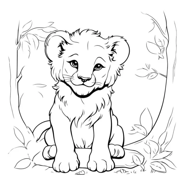 Lion Cub Jungle Black White Vector Illustration — Stock Vector