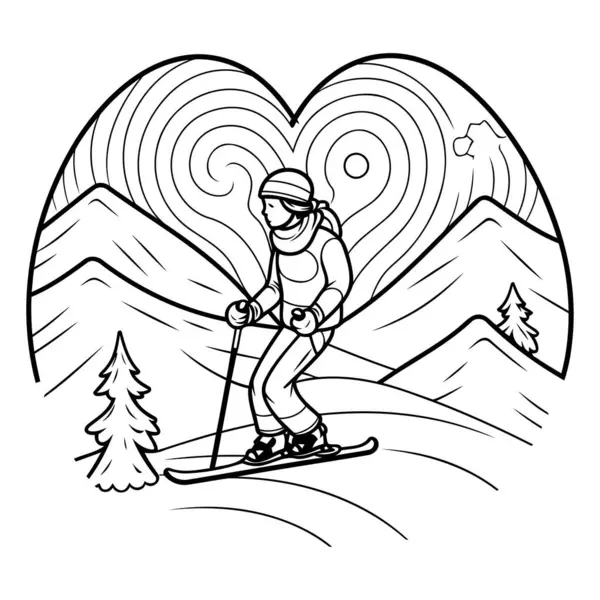 Esqui Nas Montanhas Ilustração Vetorial Preto Branco — Vetor de Stock