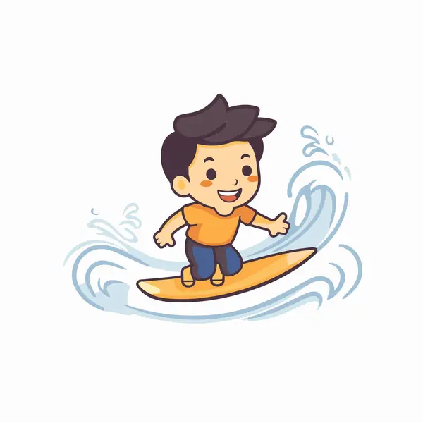 stock vector Boy surfing on wave. Cute cartoon character vector Illustration.