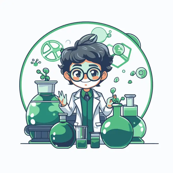Kimyasal laboratuvar ekipmanlarıyla bilim adamı çocuk. Çizgi film tarzında vektör illüstrasyonu