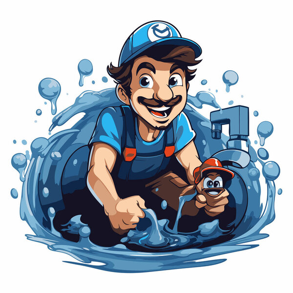 Vector illustration of a plumber repairing a sink in the water.