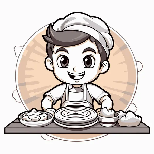 一个可爱的男孩在盘子里做饭的说明 — 图库矢量图片