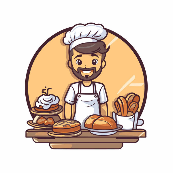 Chef with bread and muffin cartoon vector illustration graphic design.