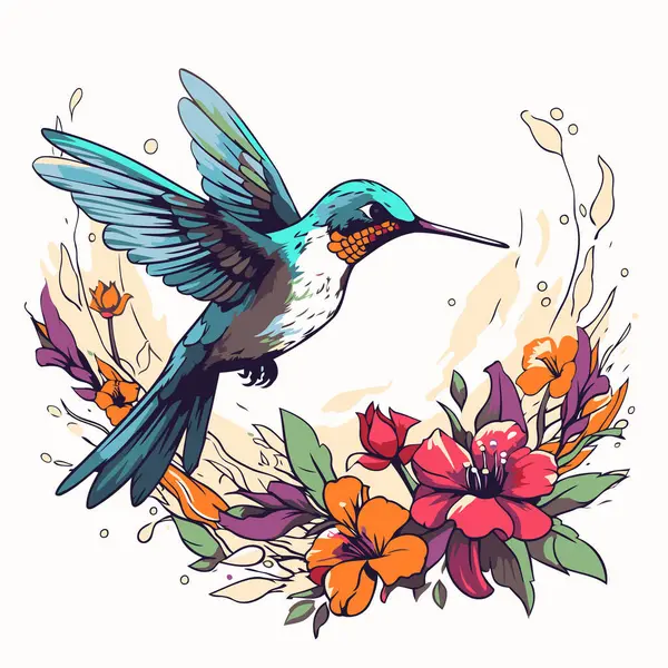 Kolibřík Květinami Ručně Kreslená Vektorová Ilustrace Stylu Náčrtku — Stockový vektor