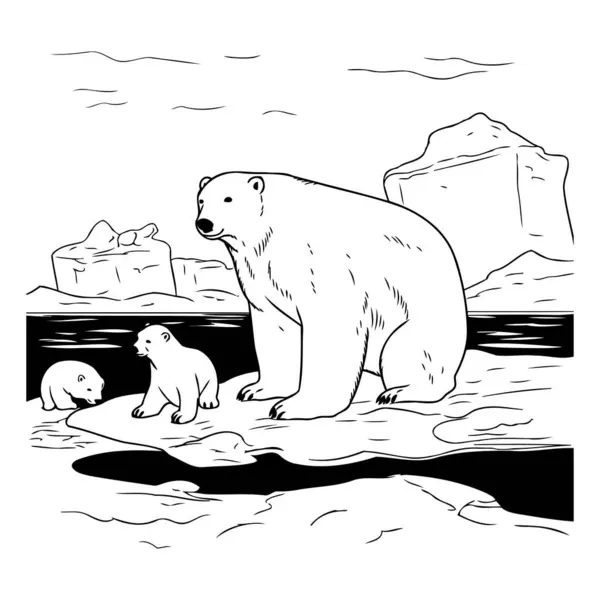 Eisbär Mit Jungtier Auf Dem Eis Schwarz Weiße Vektorillustration — Stockvektor