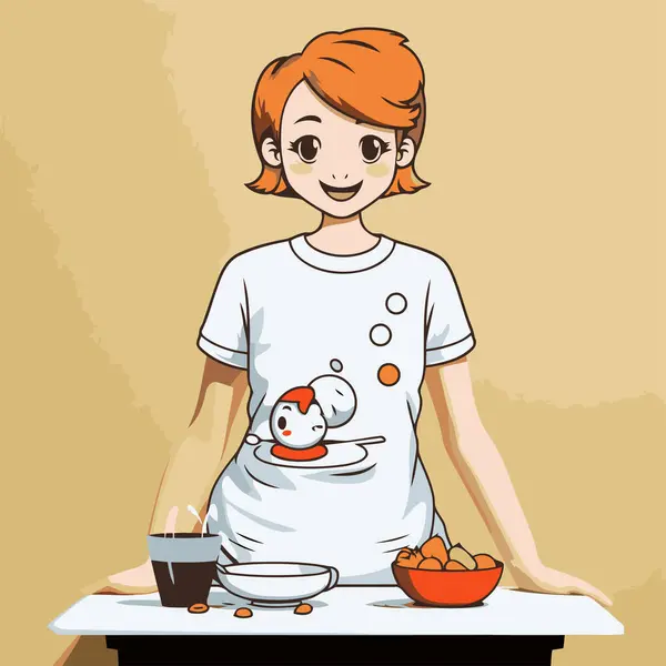 Illustration Woman White Shirt Preparing Food — Stock Vector